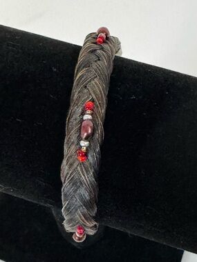 Handwoven Dark Brown Genuine Horse Hair Bracelet with Red Bead Accents